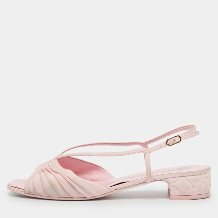 Pre Owned Chanel Pink Suede CC Ankle Strap Flat Sandals Size 40.5