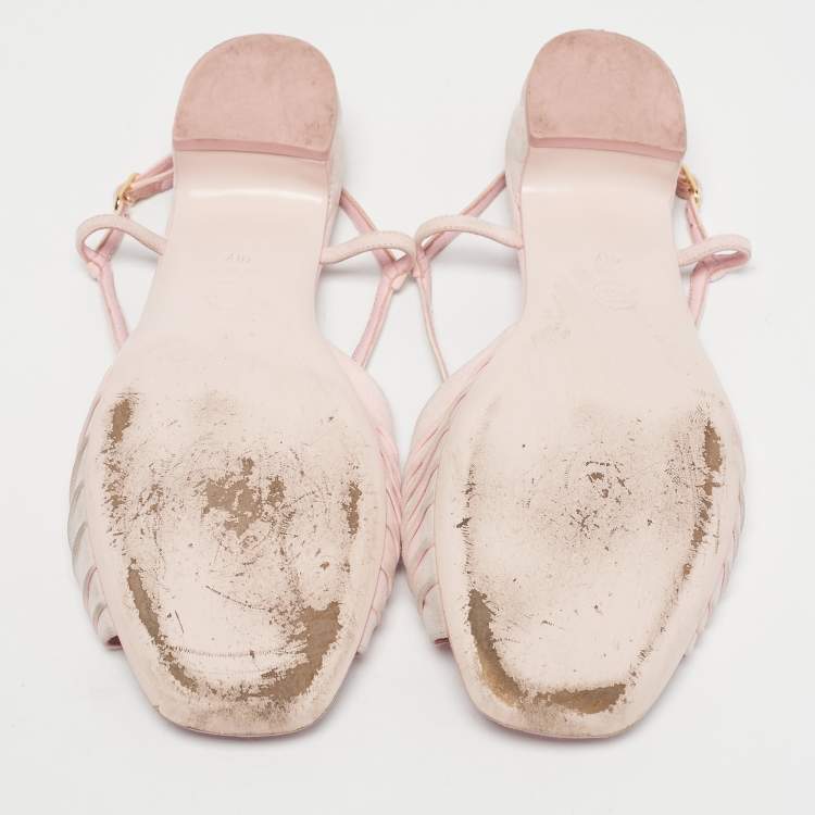 Pre Owned Chanel Pink Suede CC Ankle Strap Flat Sandals Size 40.5