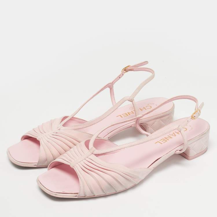 Pre Owned Chanel Pink Suede CC Ankle Strap Flat Sandals Size 40.5
