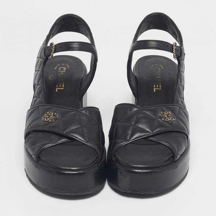 مملوكة مسبقًا Chanel Black Leather Ankle Strap Wedge Sandals Size 40.5