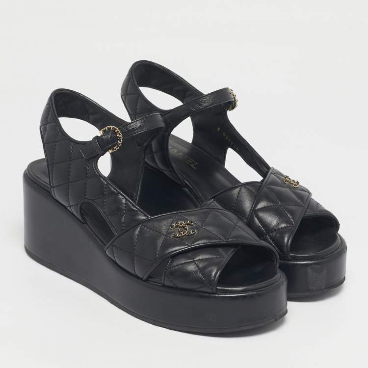 مملوكة مسبقًا Chanel Black Leather Ankle Strap Wedge Sandals Size 40.5
