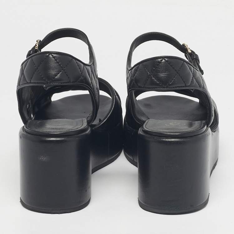 مملوكة مسبقًا Chanel Black Leather Ankle Strap Wedge Sandals Size 40.5