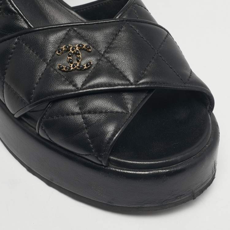 مملوكة مسبقًا Chanel Black Leather Ankle Strap Wedge Sandals Size 40.5