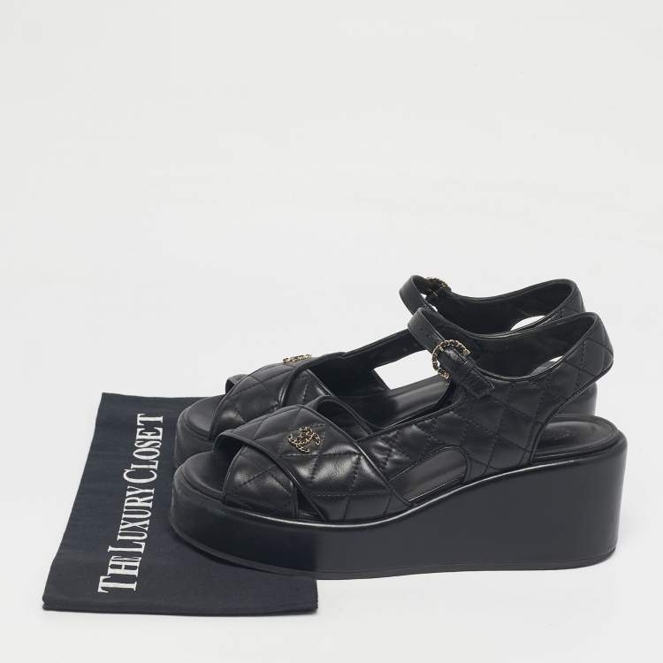 مملوكة مسبقًا Chanel Black Leather Ankle Strap Wedge Sandals Size 40.5