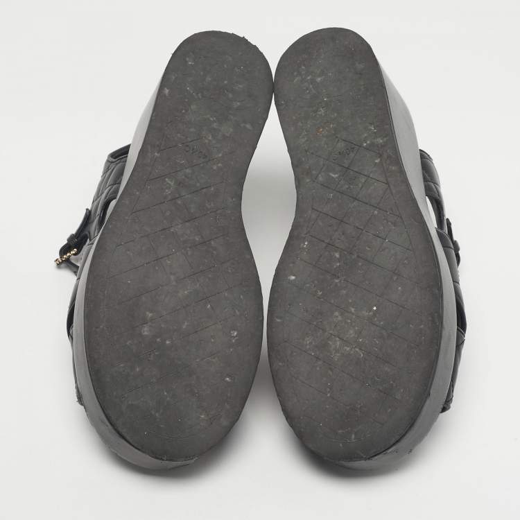 مملوكة مسبقًا Chanel Black Leather Ankle Strap Wedge Sandals Size 40.5