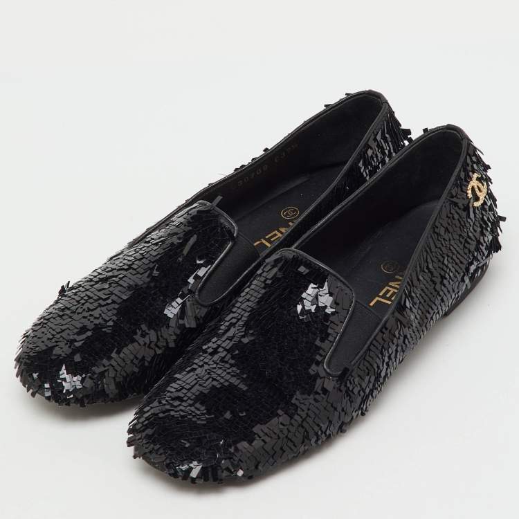 Pre Owned Chanel Black Sequins CC Smoking Slippers Size 37.5