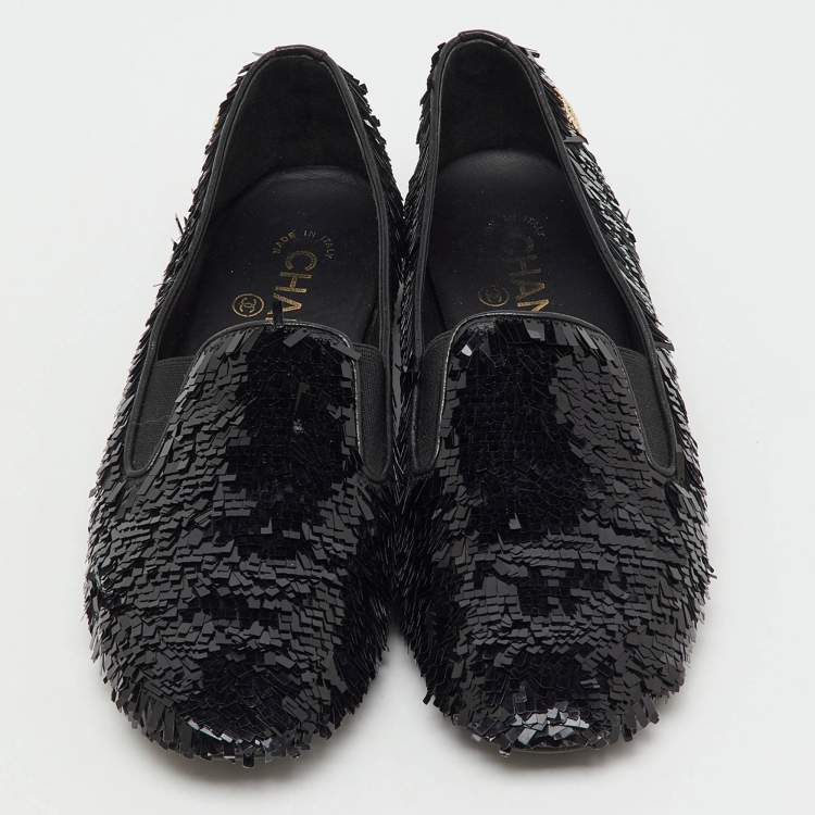 Pre Owned Chanel Black Sequins CC Smoking Slippers Size 37.5