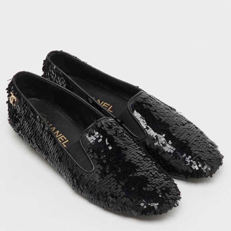 Pre Owned Chanel Black Sequins CC Smoking Slippers Size 37.5