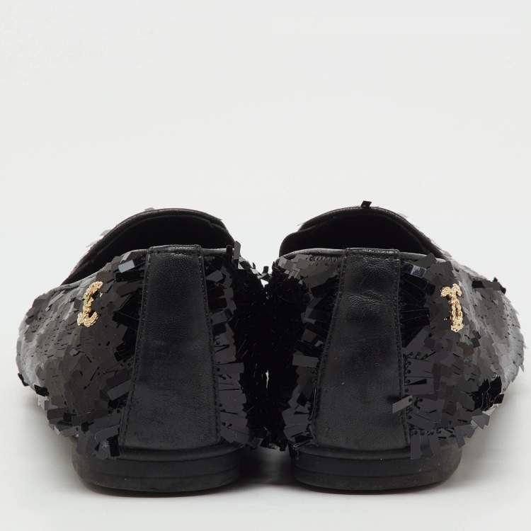 Pre Owned Chanel Black Sequins CC Smoking Slippers Size 37.5
