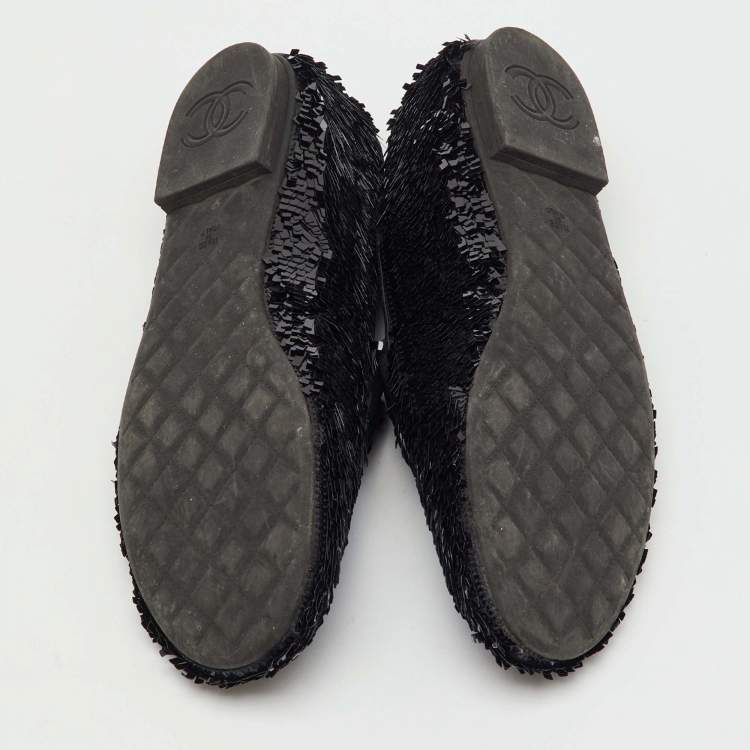Pre Owned Chanel Black Sequins CC Smoking Slippers Size 37.5