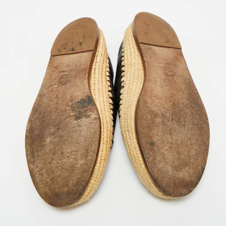 Pre Owned Chanel Black Leather CC Cap Toe Espadrille Flats Size 38