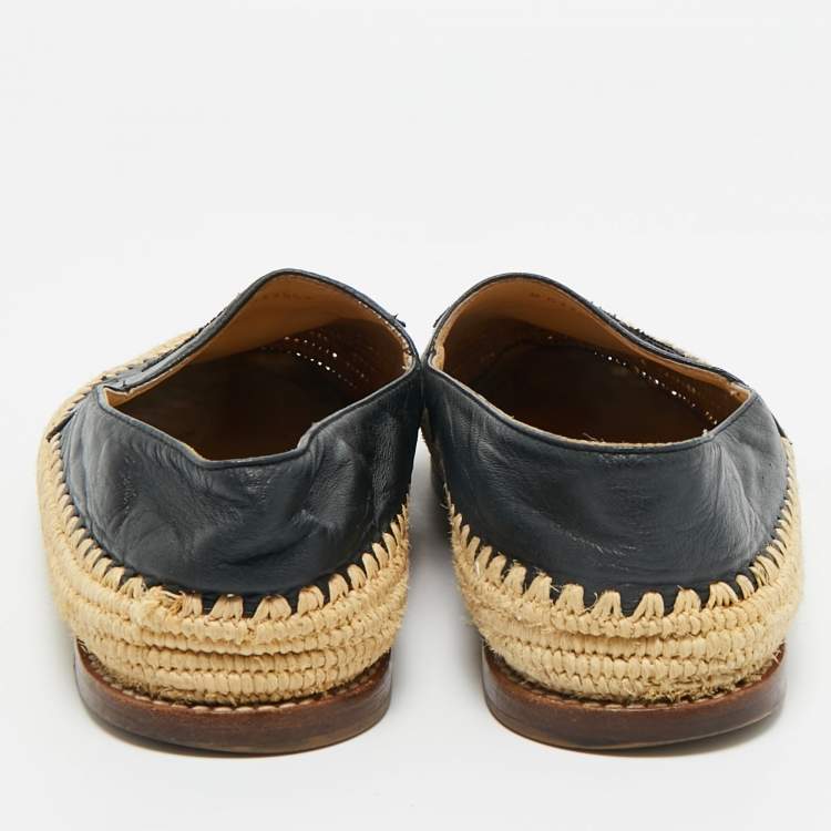 Pre Owned Chanel Black Leather CC Cap Toe Espadrille Flats Size 38