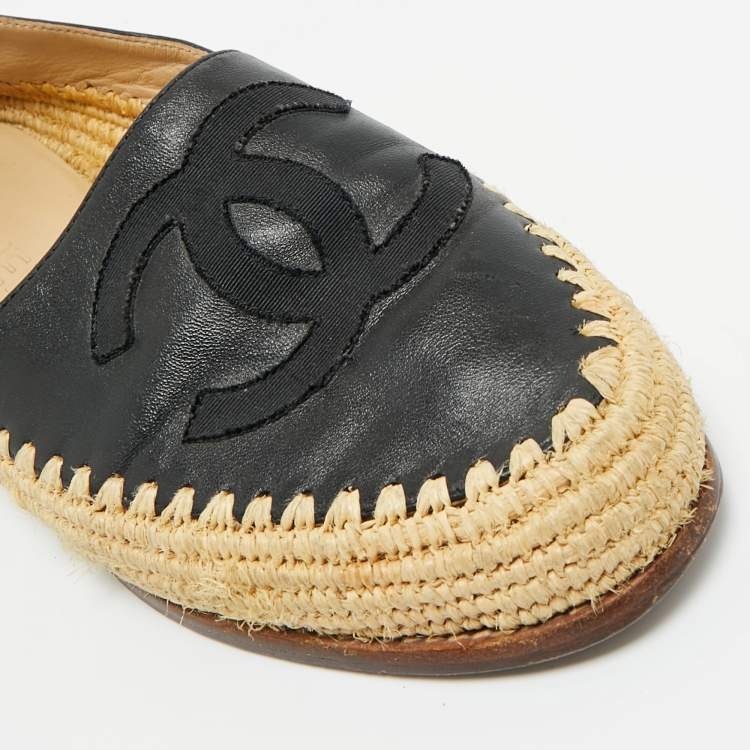 Pre Owned Chanel Black Leather CC Cap Toe Espadrille Flats Size 38