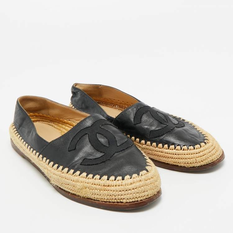 Pre Owned Chanel Black Leather CC Cap Toe Espadrille Flats Size 38