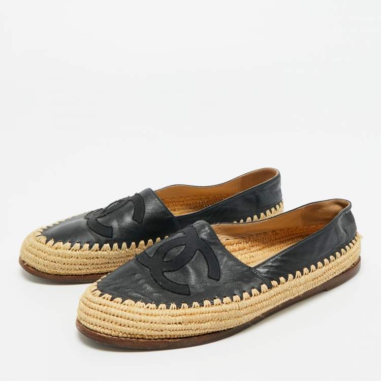 Pre Owned Chanel Black Leather CC Cap Toe Espadrille Flats Size 38