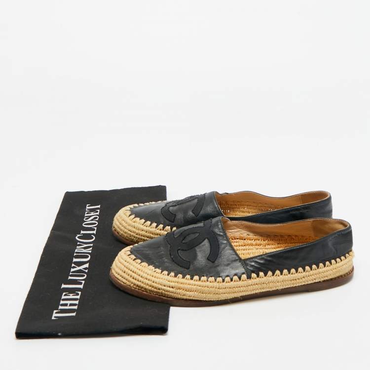 Pre Owned Chanel Black Leather CC Cap Toe Espadrille Flats Size 38