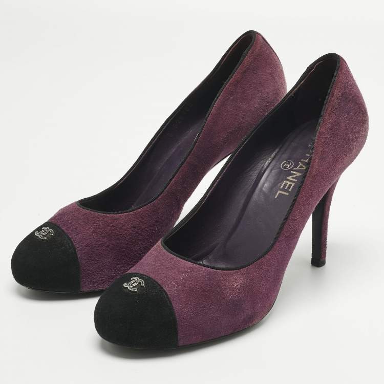 Pre Owned Chanel Purple/Black Suede Platform Cap Toe Pumps Size 41.5