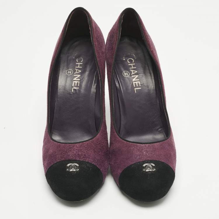 Pre Owned Chanel Purple/Black Suede Platform Cap Toe Pumps Size 41.5