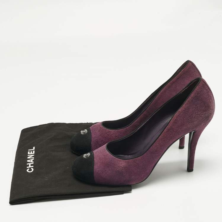 Pre Owned Chanel Purple/Black Suede Platform Cap Toe Pumps Size 41.5