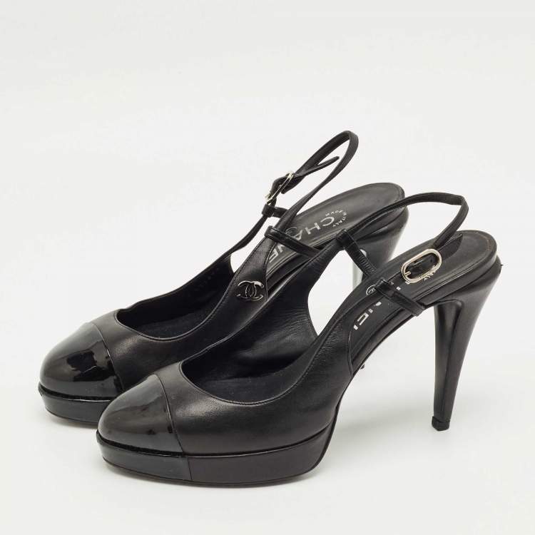 Pre Owned Chanel Black Leather Cap Toe  Slingback Pumps Size 39.5