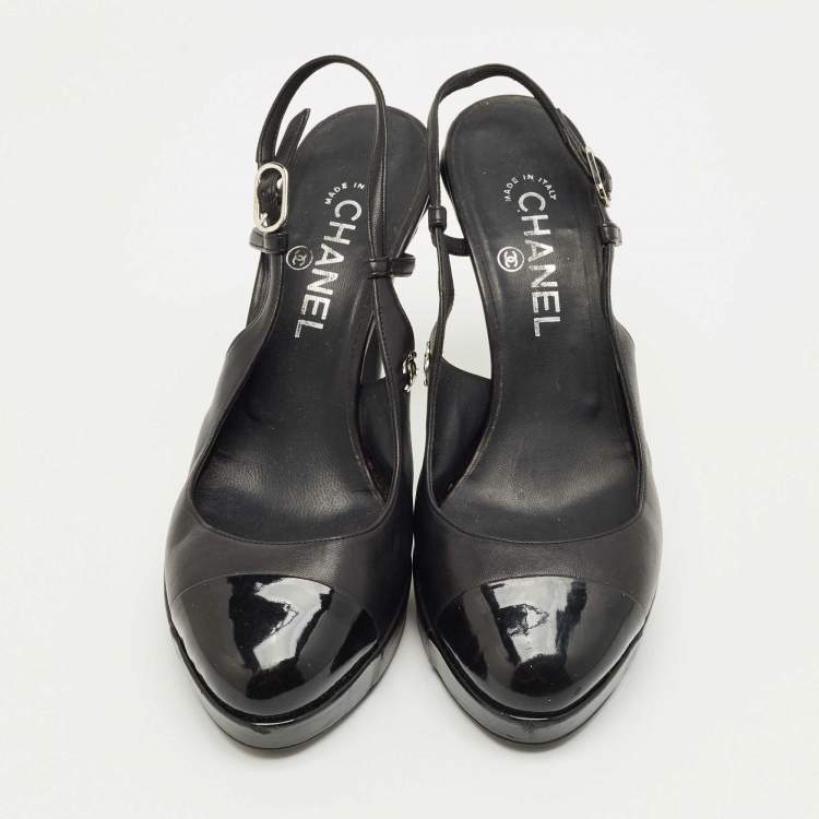 Pre Owned Chanel Black Leather Cap Toe  Slingback Pumps Size 39.5