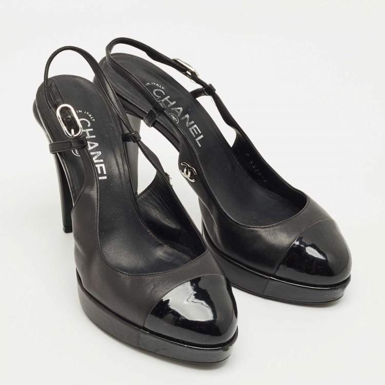 Pre Owned Chanel Black Leather Cap Toe  Slingback Pumps Size 39.5