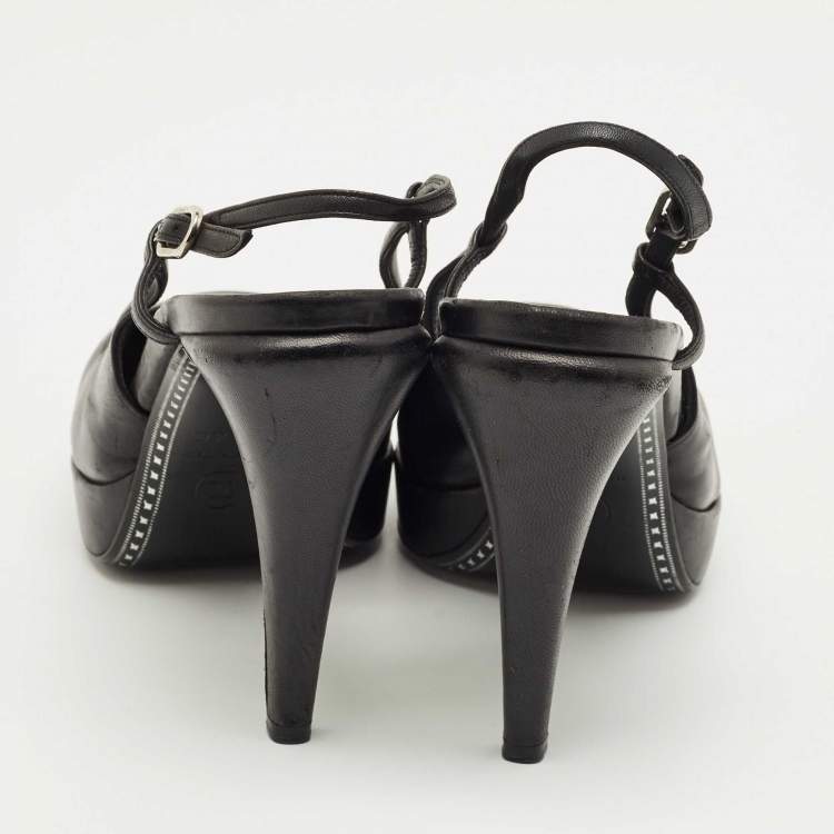 Pre Owned Chanel Black Leather Cap Toe  Slingback Pumps Size 39.5