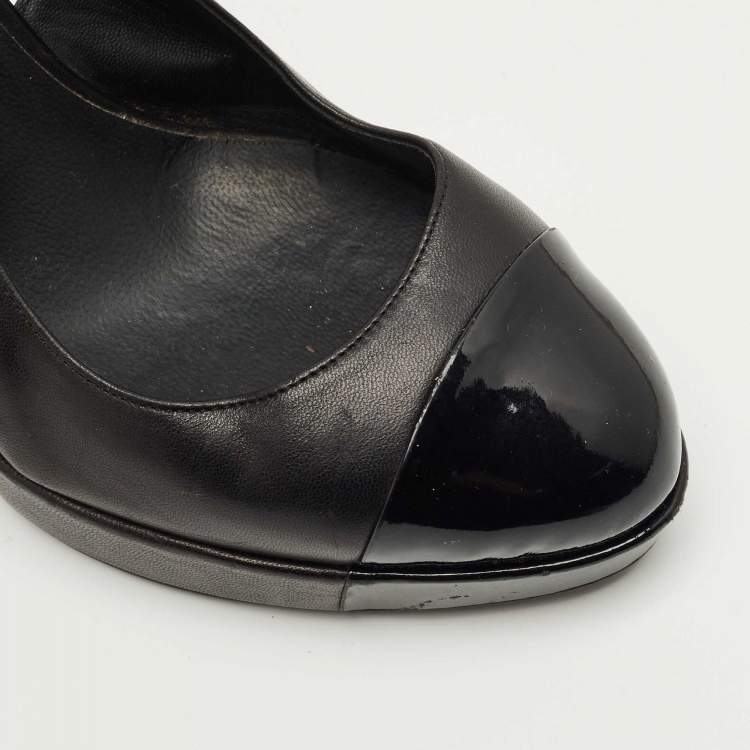 Pre Owned Chanel Black Leather Cap Toe  Slingback Pumps Size 39.5