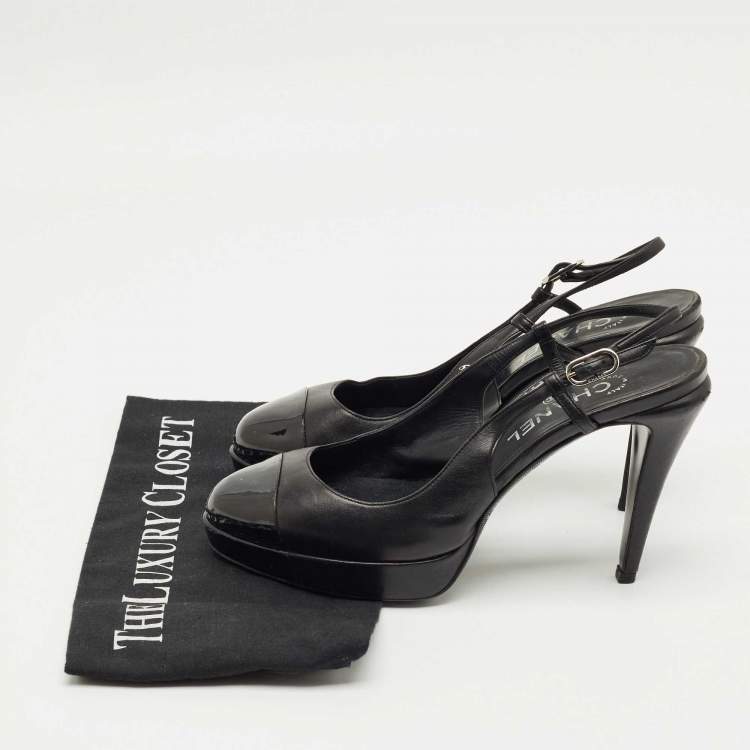 Pre Owned Chanel Black Leather Cap Toe  Slingback Pumps Size 39.5
