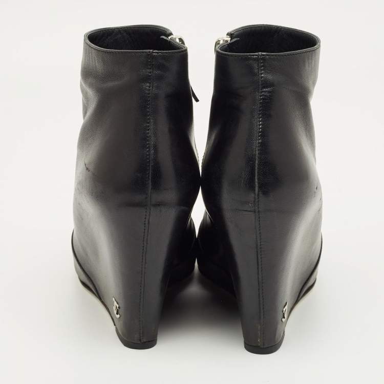 Pre Owned Chanel Black Leather CC Cap Toe Wedge Boots Size 39