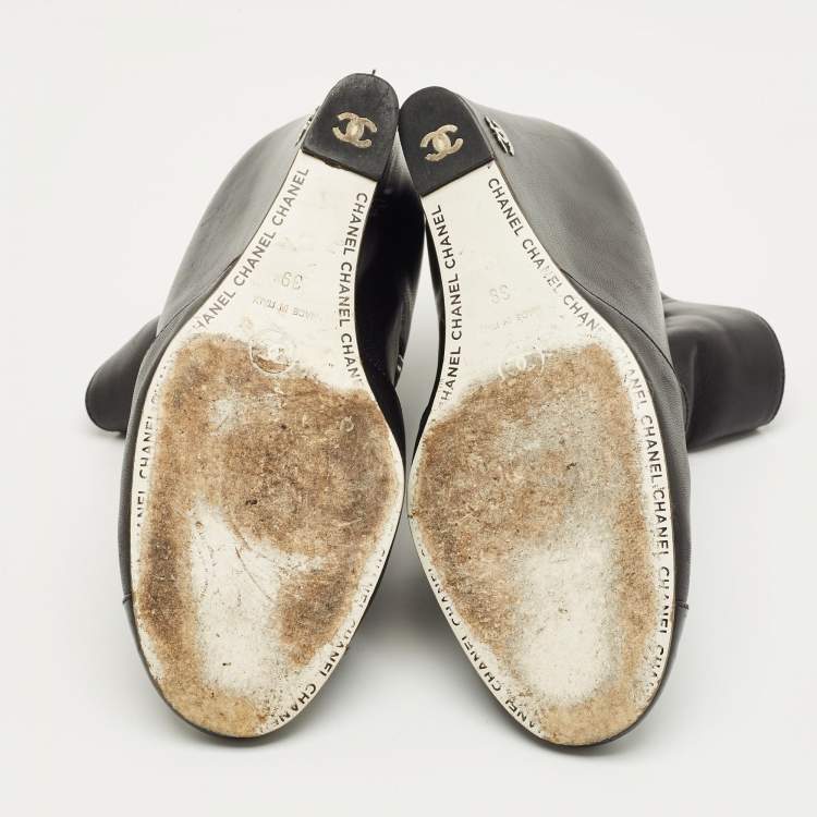 Pre Owned Chanel Black Leather CC Cap Toe Wedge Boots Size 39