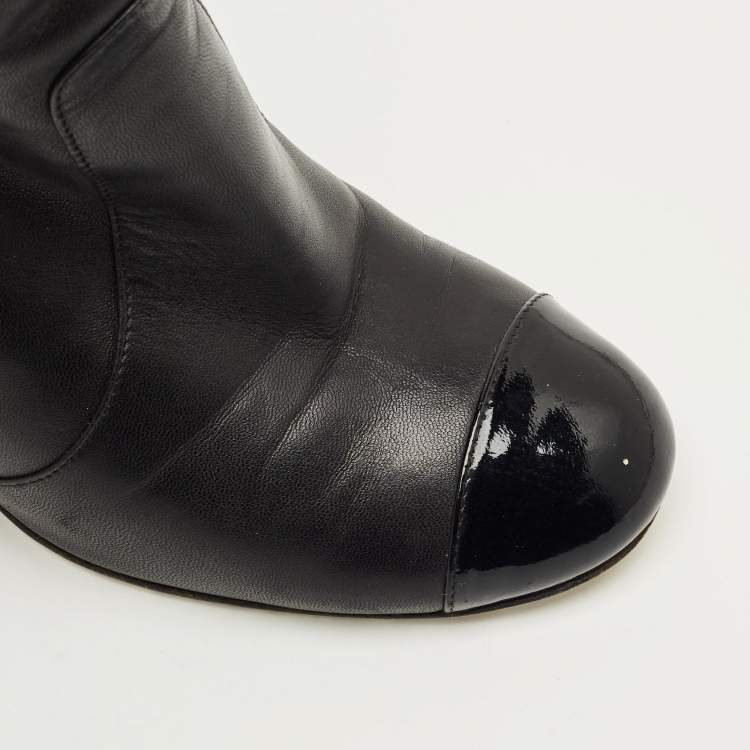 Pre Owned Chanel Black Leather CC Cap Toe Wedge Boots Size 39