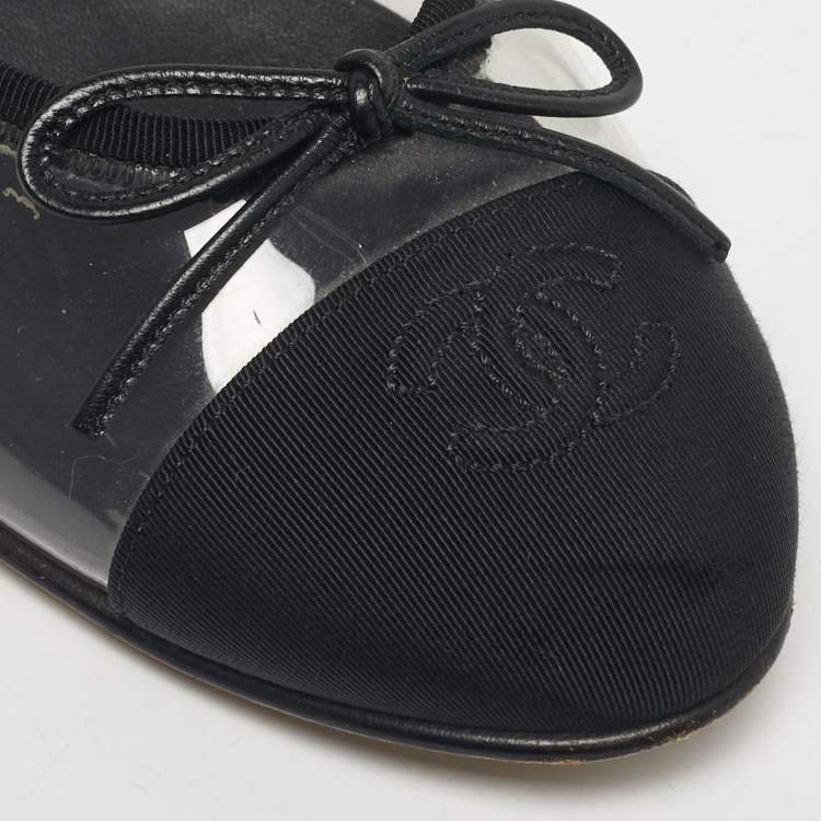 Pre Owned Chanel Black/Transparent PVC and Canvas CC Cap Toe Bow Ballet Flats Size 38