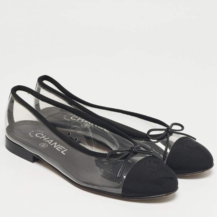 Pre Owned Chanel Black/Transparent PVC and Canvas CC Cap Toe Bow Ballet Flats Size 38