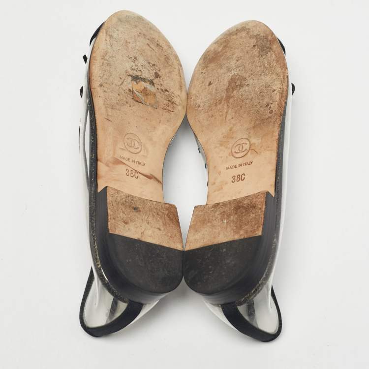 Pre Owned Chanel Black/Transparent PVC and Canvas CC Cap Toe Bow Ballet Flats Size 38