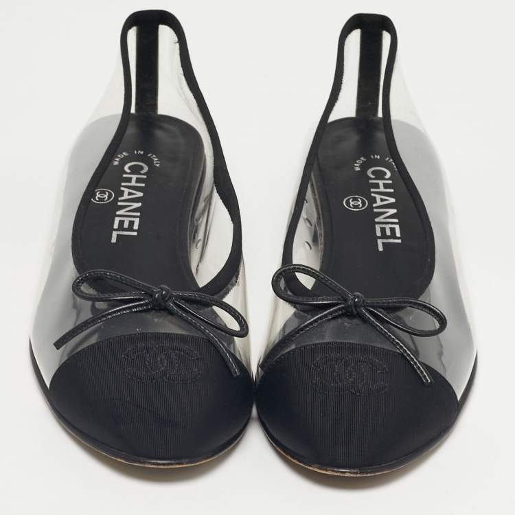 Pre Owned Chanel Black/Transparent PVC and Canvas CC Cap Toe Bow Ballet Flats Size 38