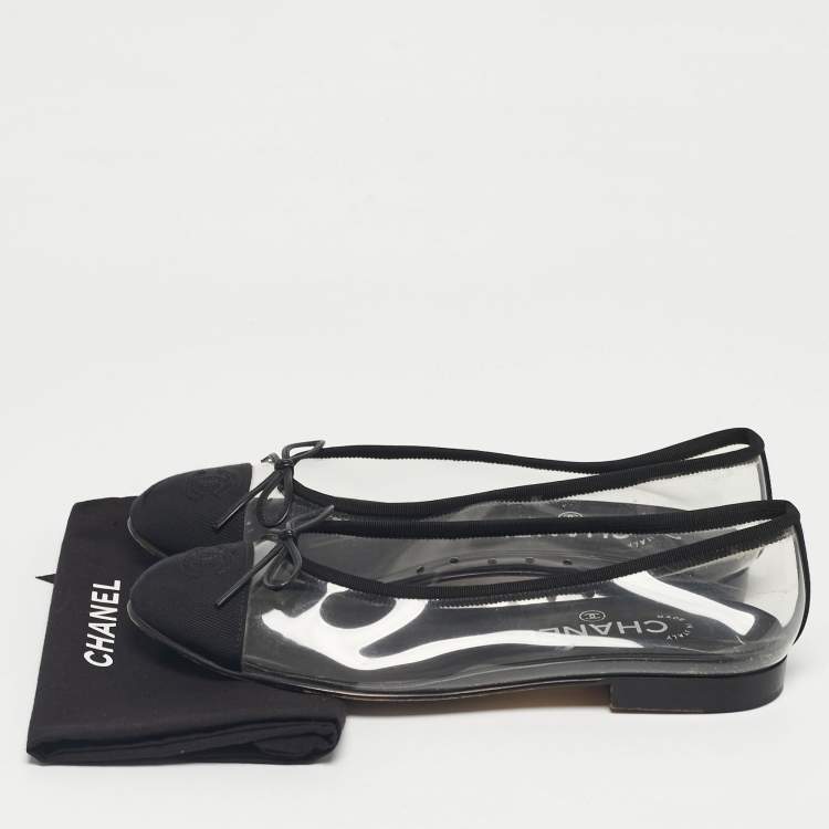 Pre Owned Chanel Black/Transparent PVC and Canvas CC Cap Toe Bow Ballet Flats Size 38