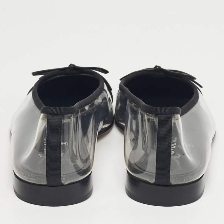 Pre Owned Chanel Black/Transparent PVC and Canvas CC Cap Toe Bow Ballet Flats Size 38