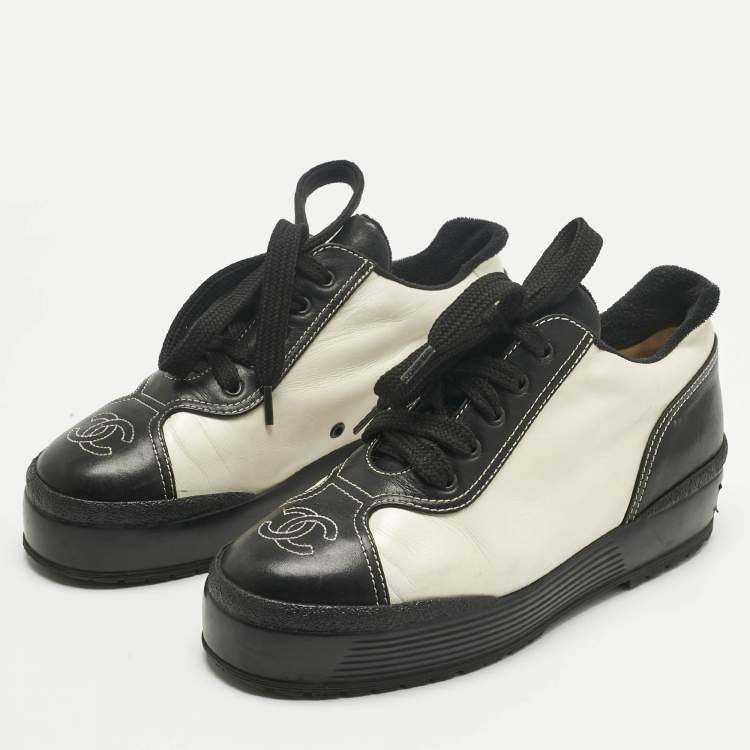 Pre Owned Chanel Black Leather CC Platform Sneakers Size 36