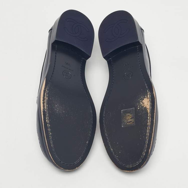 Pre Owned Chanel Navy Blue Leather CC Logo Slip On Loafers Size 38