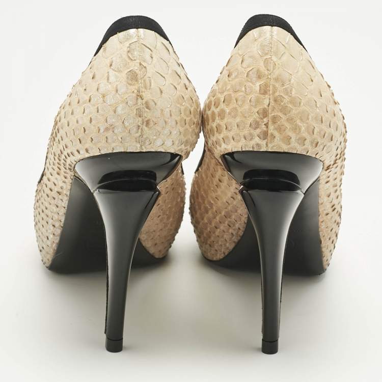 Pre Owned Chanel Metallic Black/Beige Python Leather Peep Toe Pumps Size 40
