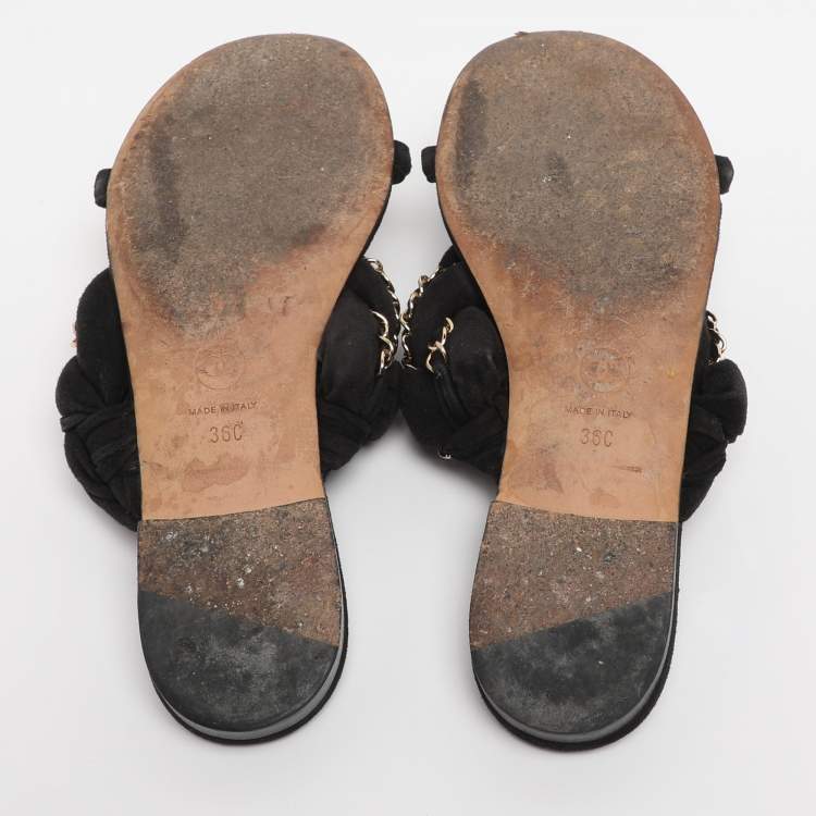 Pre Owned Chanel Black Suede Chain Embellished Flat Slides Size 36