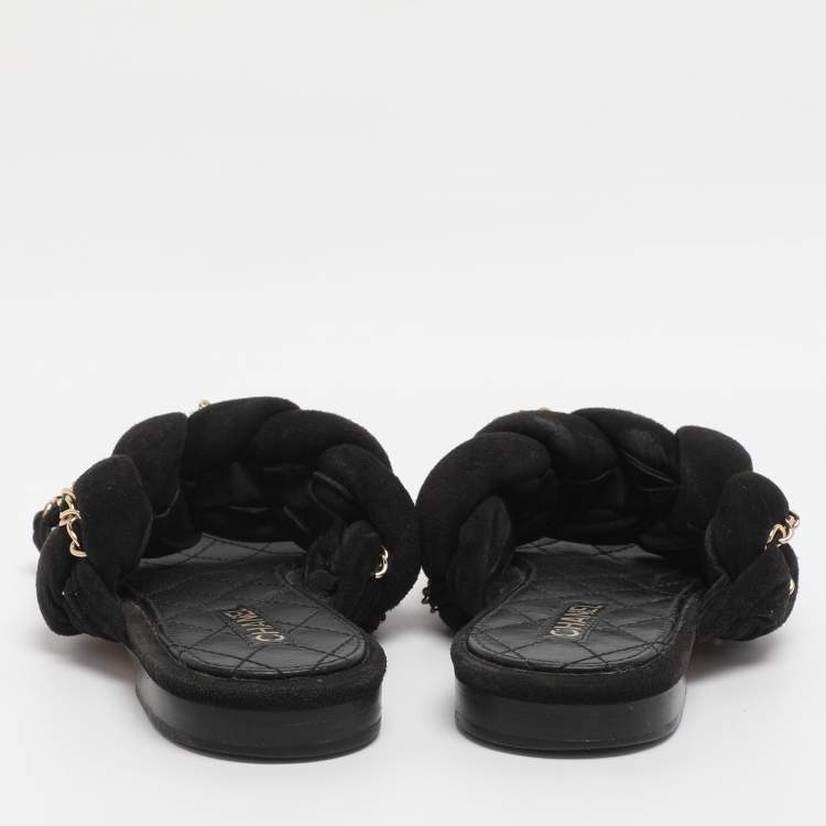 Pre Owned Chanel Black Suede Chain Embellished Flat Slides Size 36