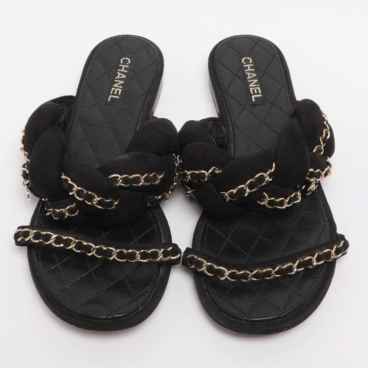 Pre Owned Chanel Black Suede Chain Embellished Flat Slides Size 36