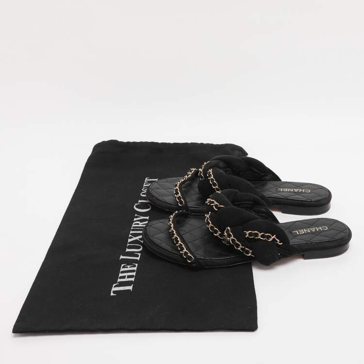 Pre Owned Chanel Black Suede Chain Embellished Flat Slides Size 36
