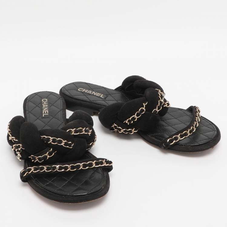 Pre Owned Chanel Black Suede Chain Embellished Flat Slides Size 36