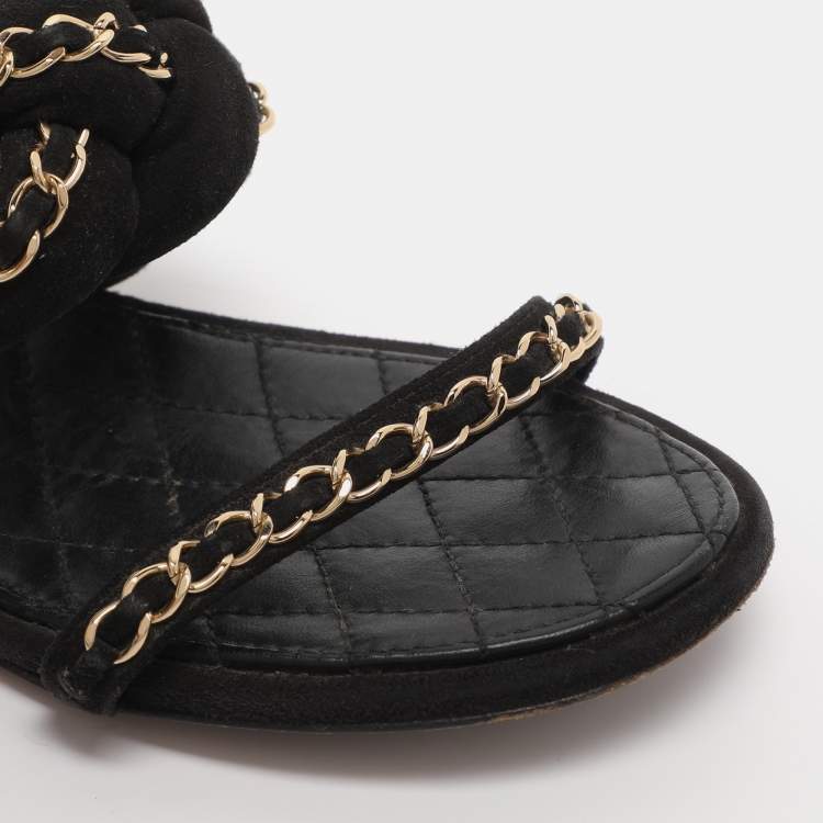 Pre Owned Chanel Black Suede Chain Embellished Flat Slides Size 36