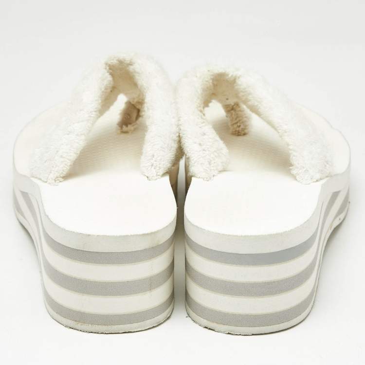 Pre Owned Chanel White Fabric Thong Wedge Sandals Size 37