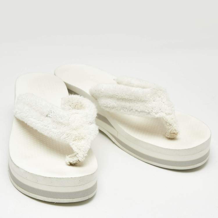 Pre Owned Chanel White Fabric Thong Wedge Sandals Size 37