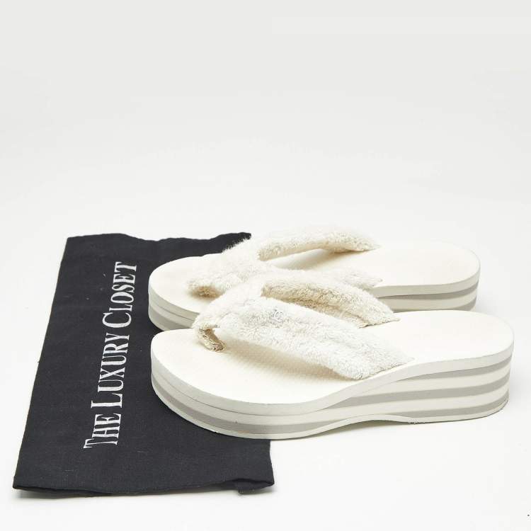Pre Owned Chanel White Fabric Thong Wedge Sandals Size 37